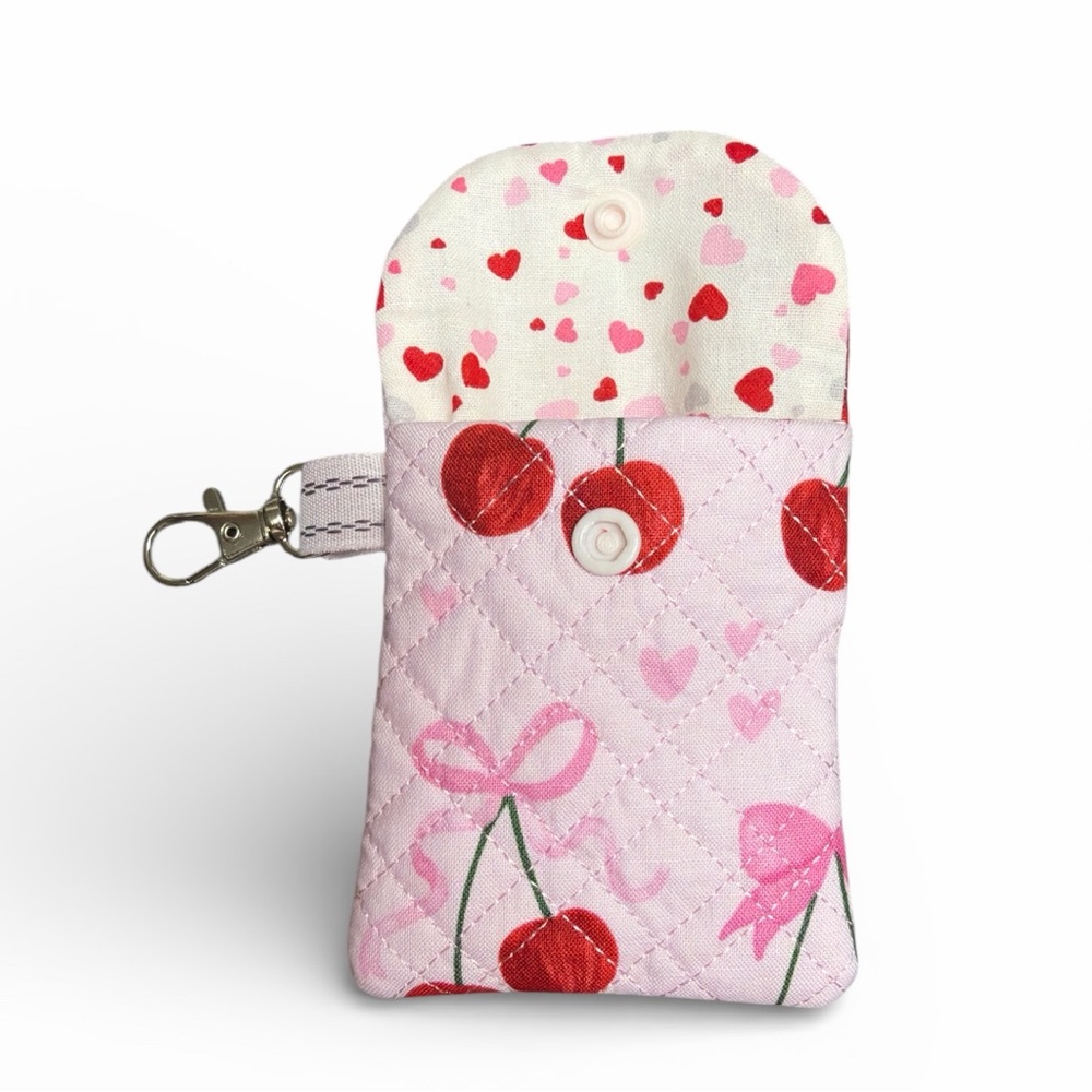 Hand Crafted AirPod Case Quilted Cherry Fabric with Keychain Cotton Earbud Case - Picture 11 of 14